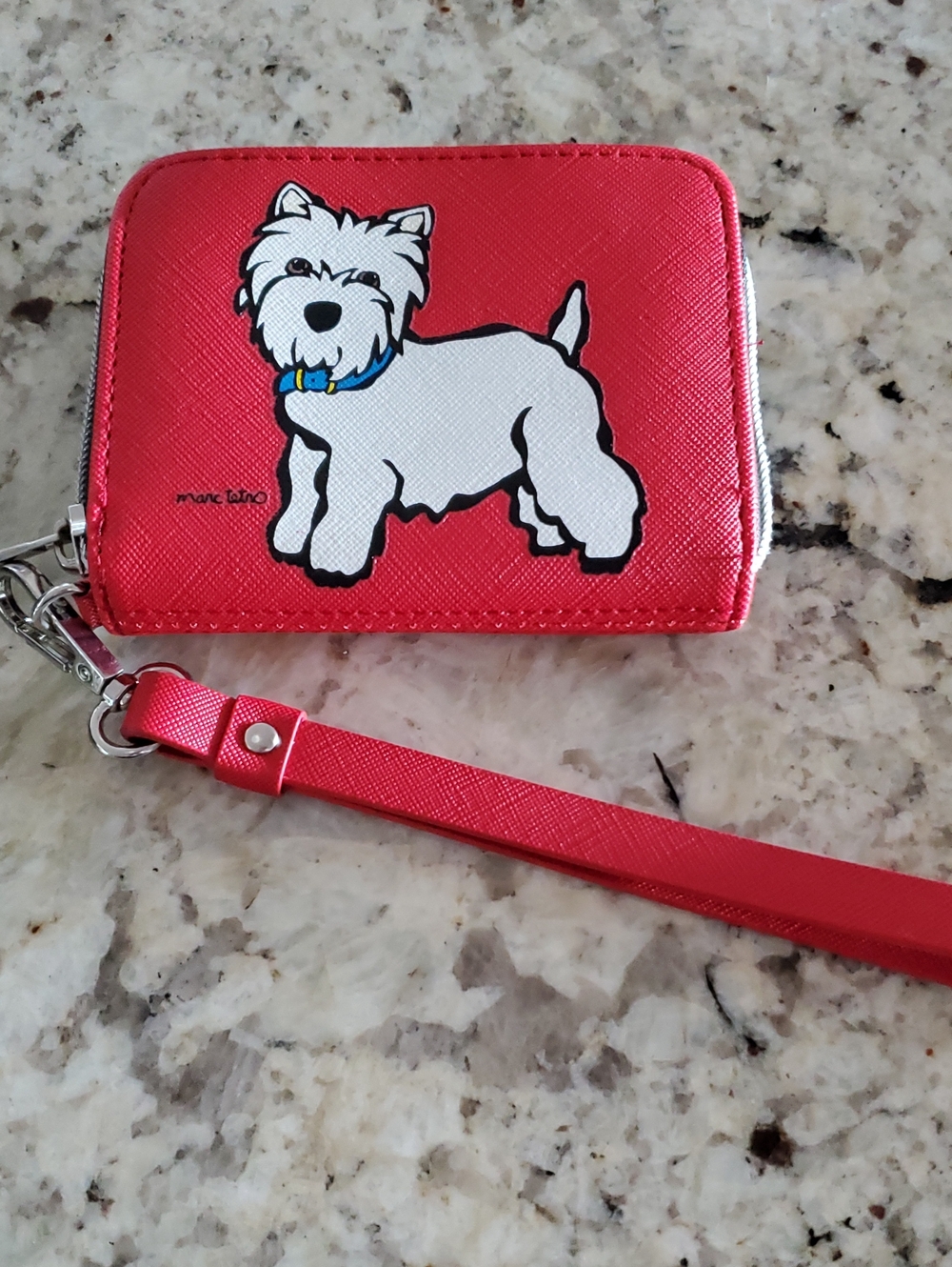 Marc Tetro w White Westie Dog, blue Collar, Red Wristlet Wallet